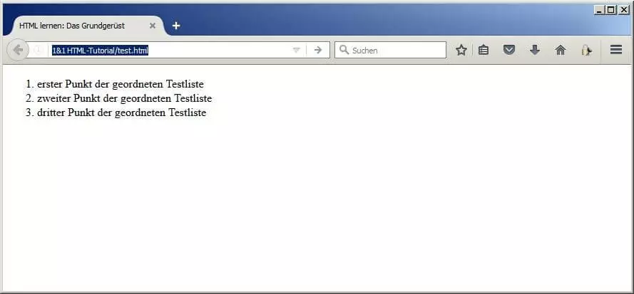 Nummerierte HTML-Auflistung mit drei <li>-Elementen