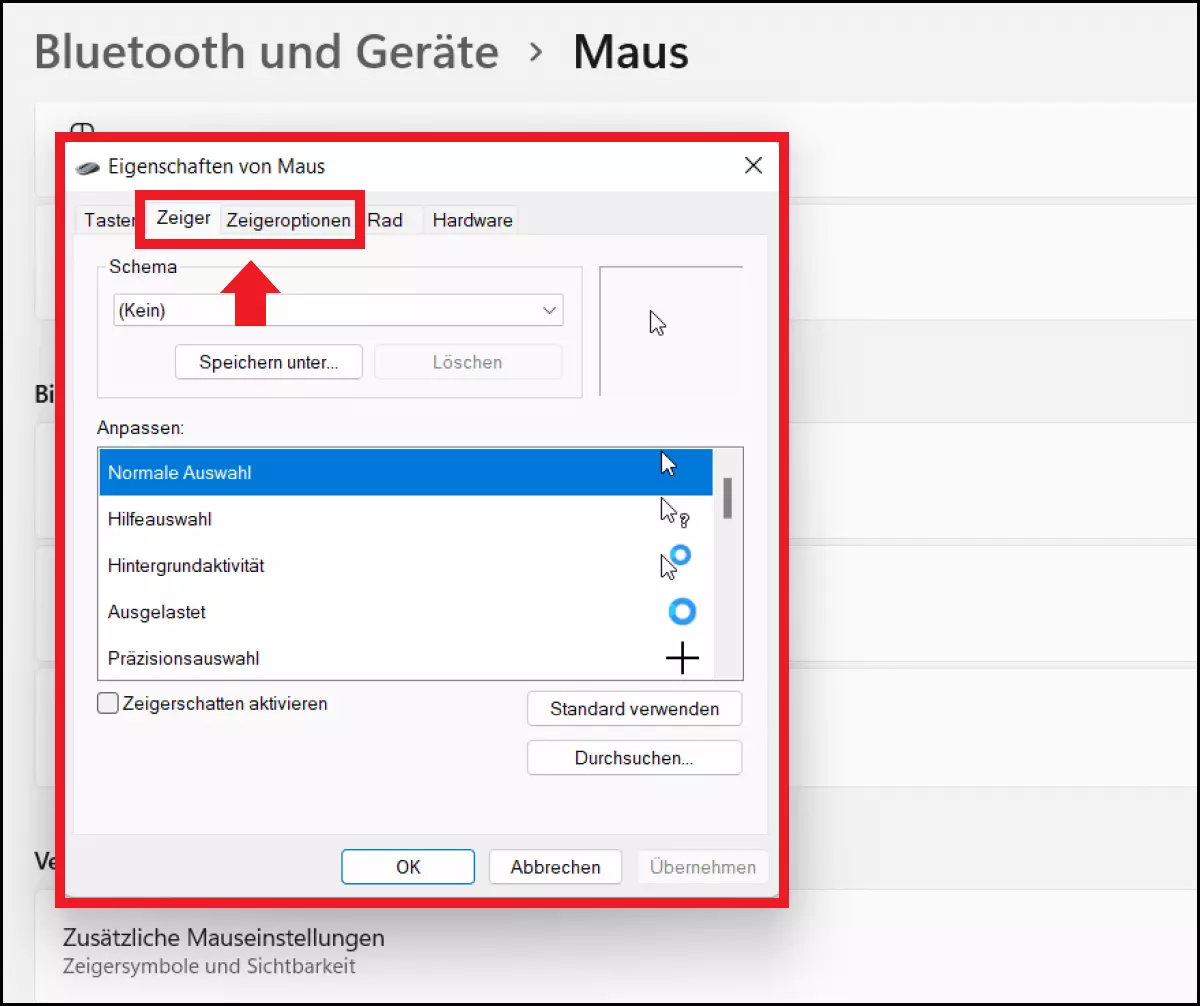 Der Reiter „Zeiger“ im Menü „Eigenschaften von Maus“
