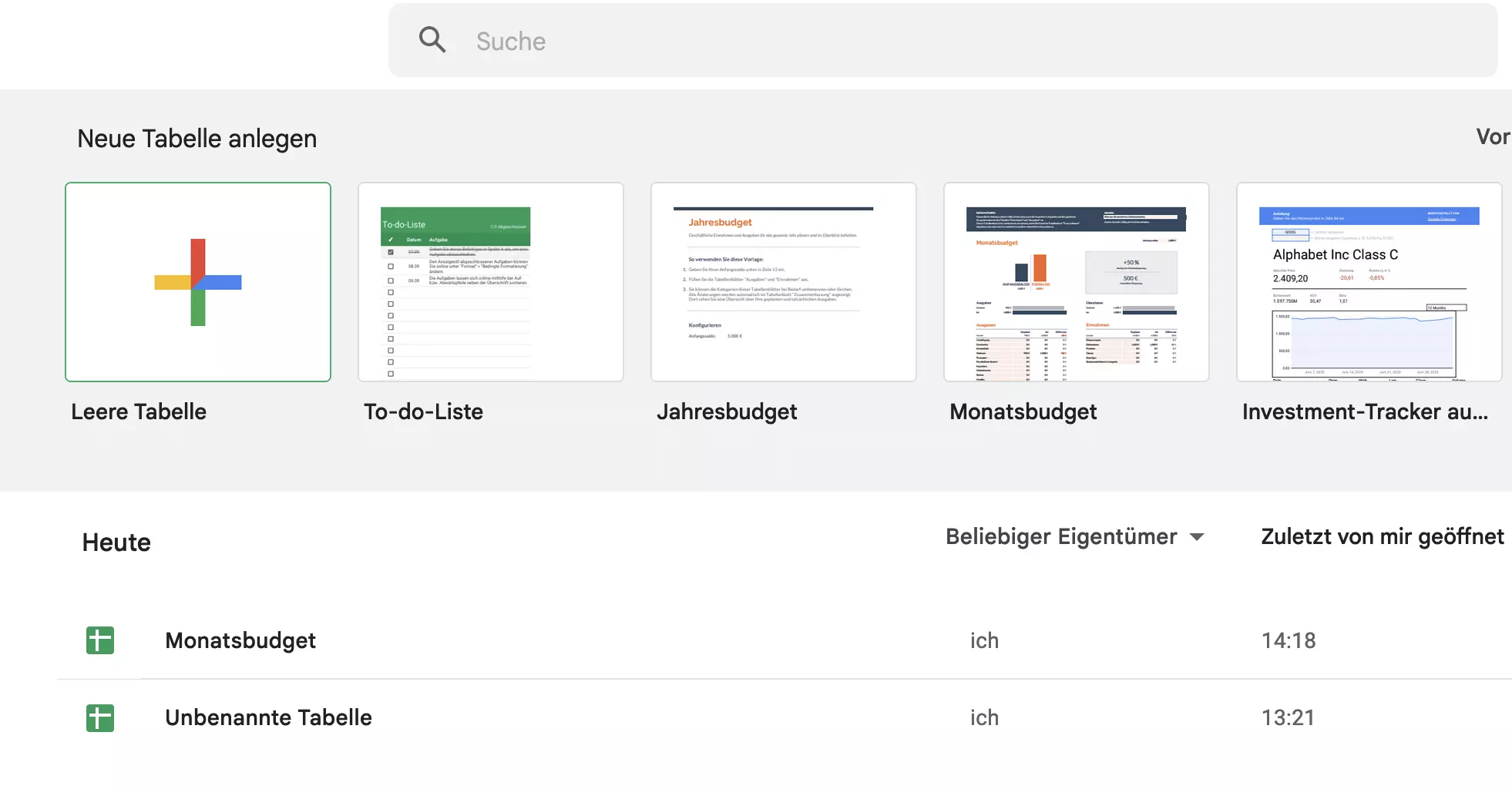 Screenshot einiger Formatvorlagen für Google Sheets