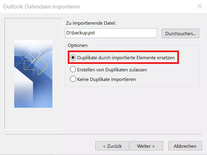 Option im Outlook-Assistenten, die das Erstellen von Duplikaten ausschließt