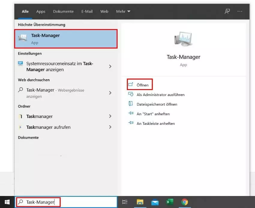 Task-Manager öffnen über Suchfunktion