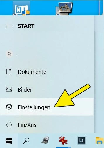 Screenshot Windows 10: Startmenü mit Punkt „Einstellungen“