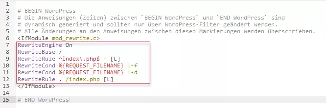 Bestehende .htaccess-Datei, hervorgehoben der zu ersetzende Code