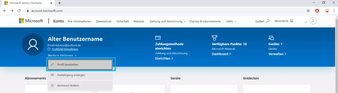 Menü, über das man sein Microsoft-Profil online bearbeiten kann