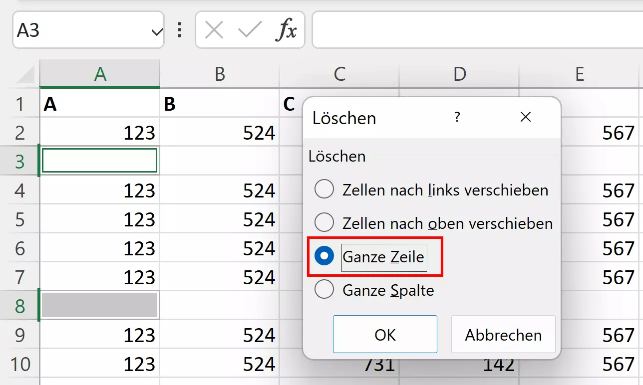 Excel: Ganze (leere) Zeile löschen