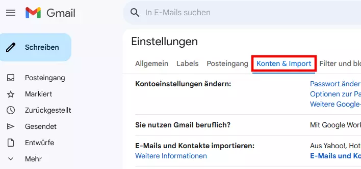 „Konten & Import“-Reiter in den Gmail-Einstellungen