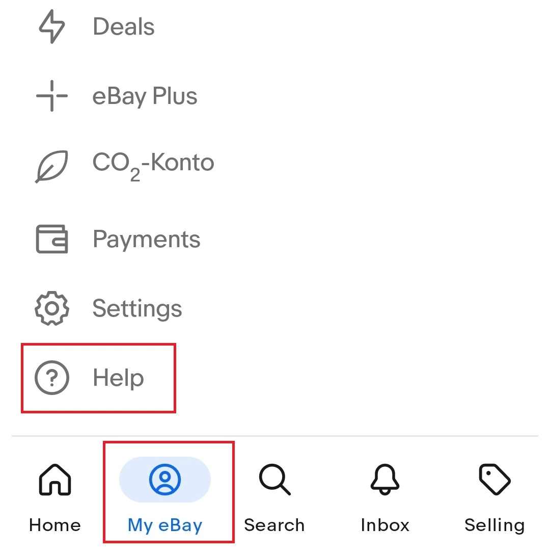 Screenshot des My-eBay-App-Menüs mit der Option „Hilfe“ in Android