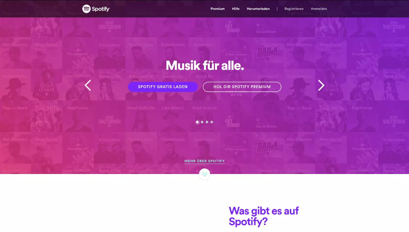 Beispiel für eine Startseite mit CTA-Buttons beim Musikanbieter Spotify