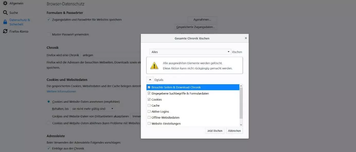 Option „Gesamte Chronik löschen“ in Mozilla Firefox