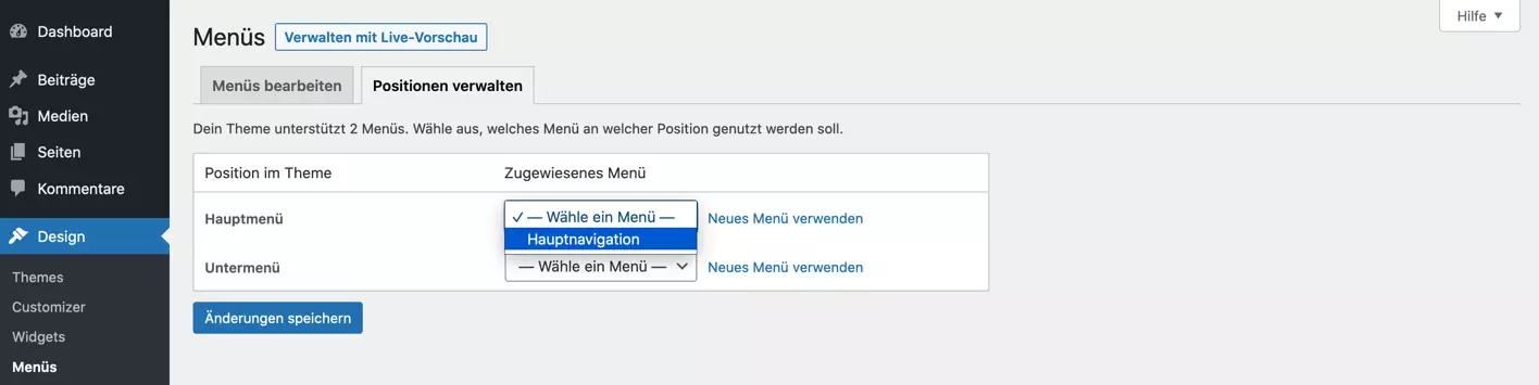 Position für das WordPress-Menü im Backend festlegen