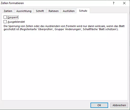 Abbildung des Dialogs „Zellen formatieren“, Karteikarte „Schutz“ 