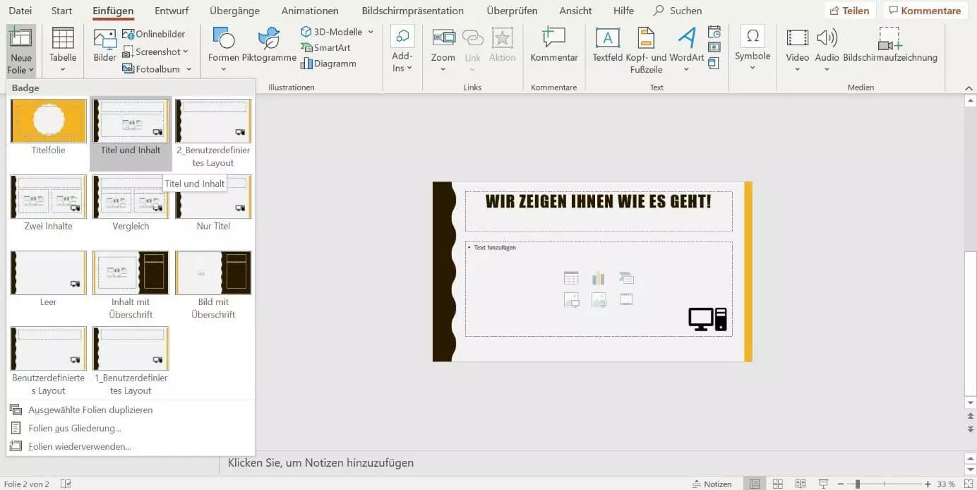 Einfügen der Folienlayouts über den Reiter „Einfügen“ in PowerPoint 2019