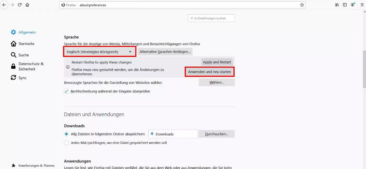 Hinzufügen von neuen Sprachen in den Firefox-Spracheinstellungen.