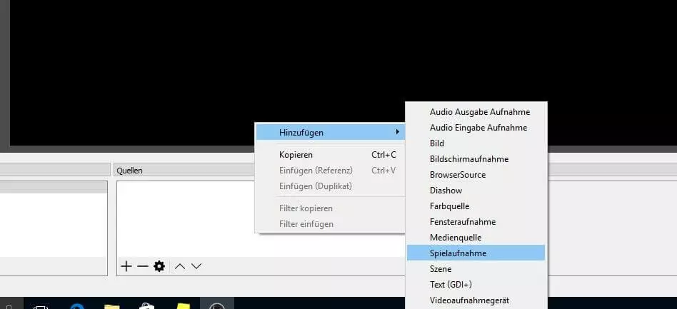 OBS Studio: Menü zur Auswahl der Aufnahmequelle