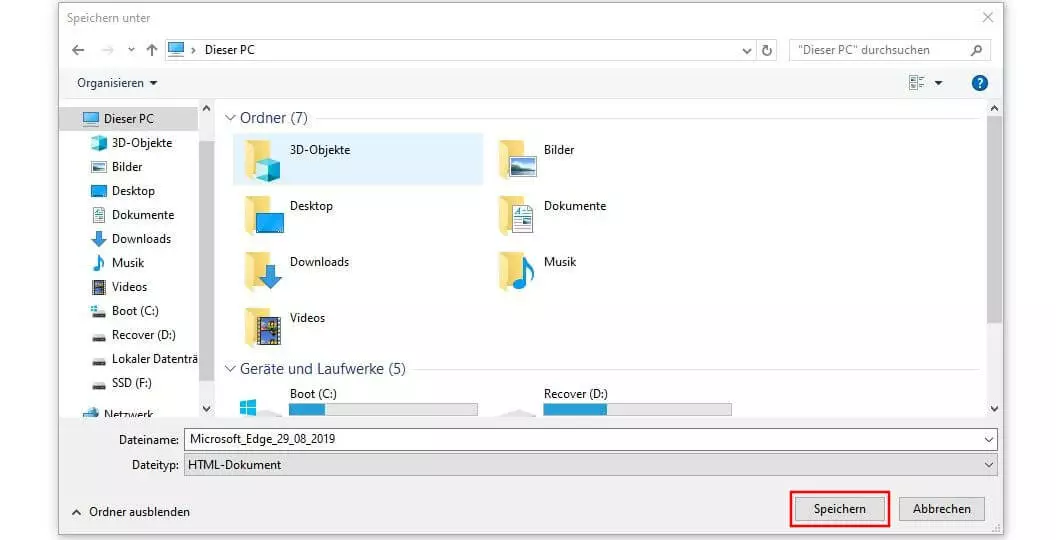„Speichern unter“-Dialog in Microsoft Edge (Windows 10)