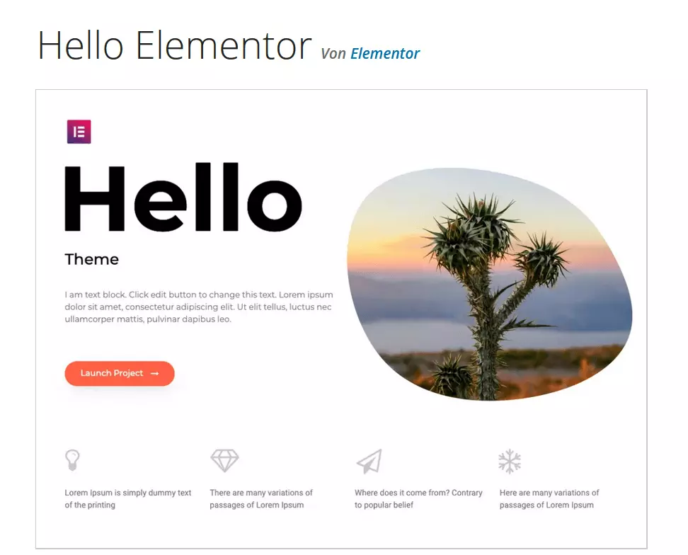 Vorschau des WordPress-Themes Hello Elementor auf WordPress.org