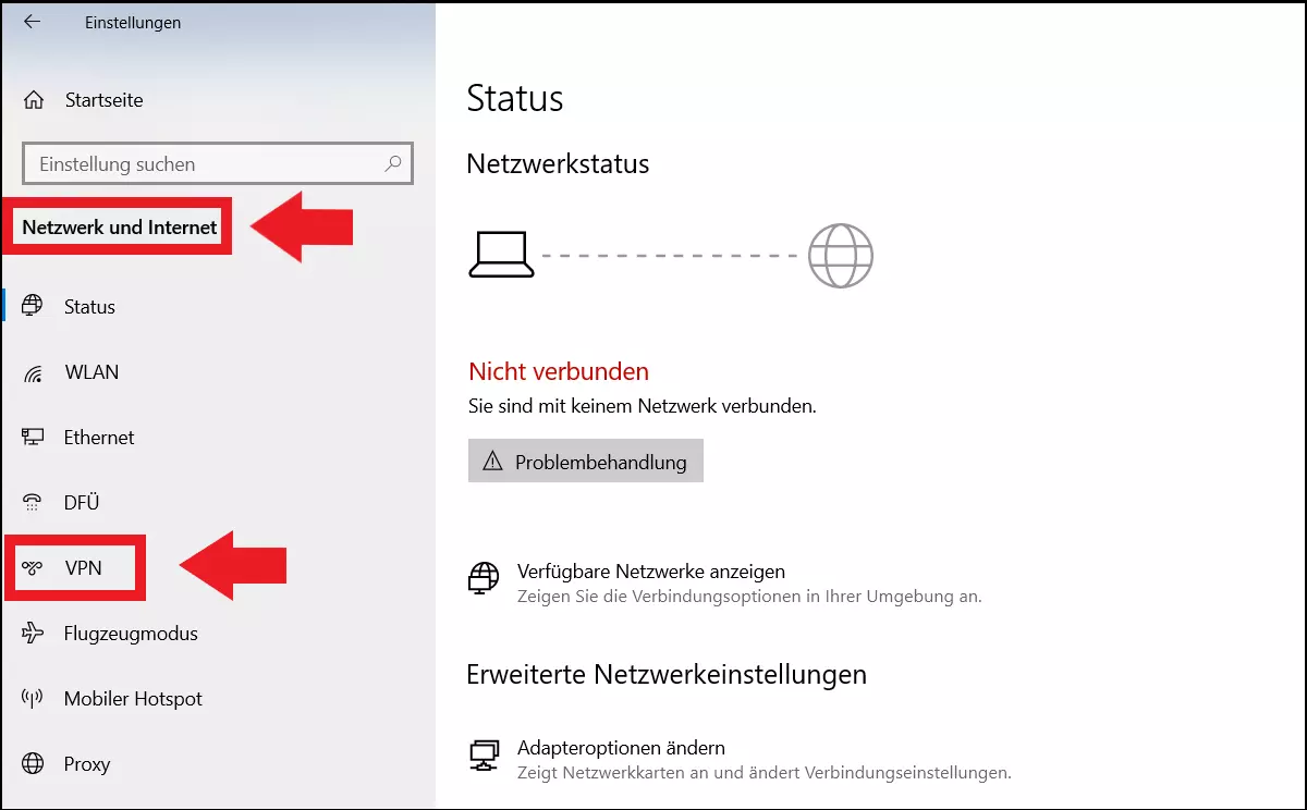 Klicken Sie in der linken Sidebar auf „VPN“.