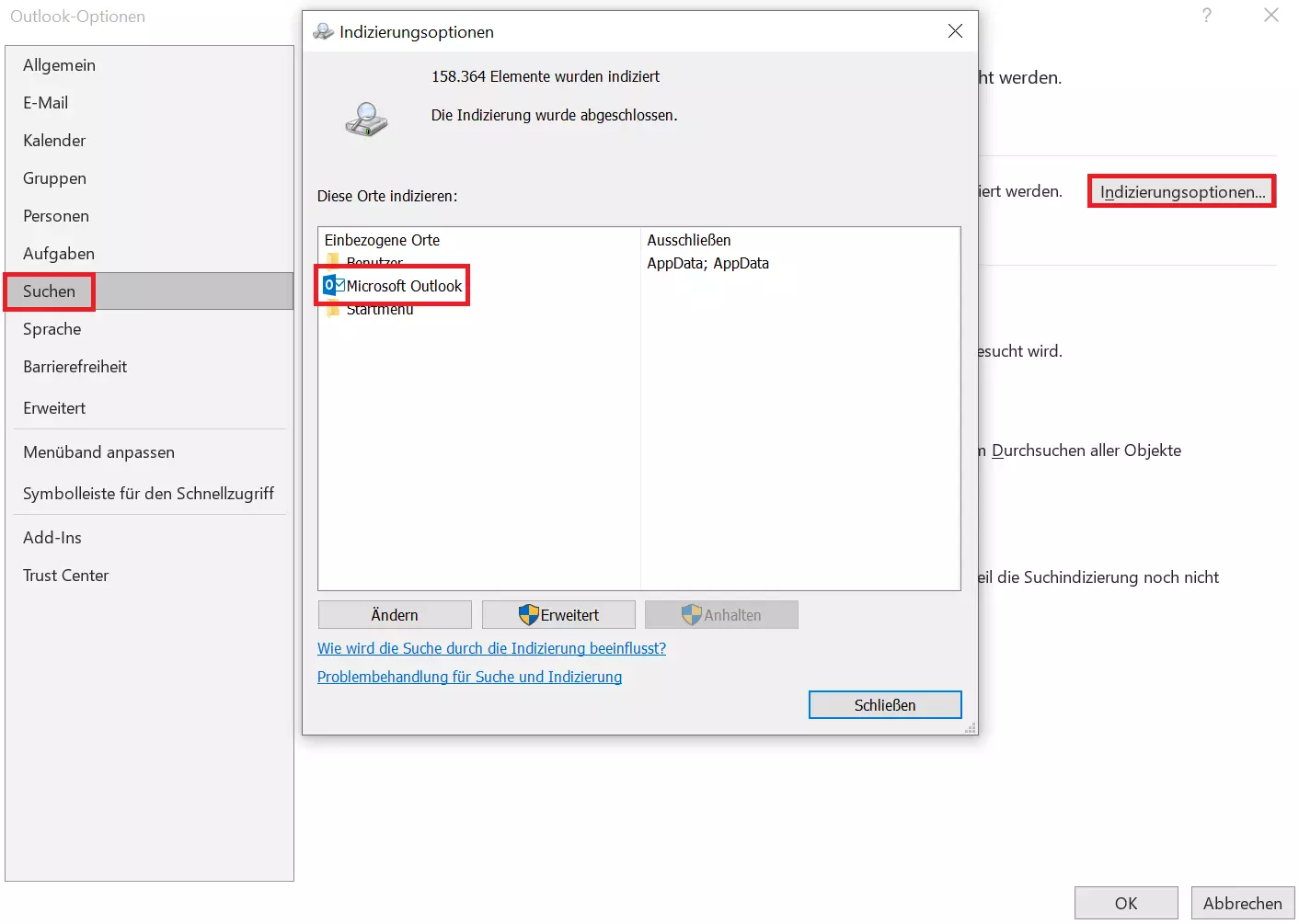 Indizierungsoptionen von Outlook überprüfen