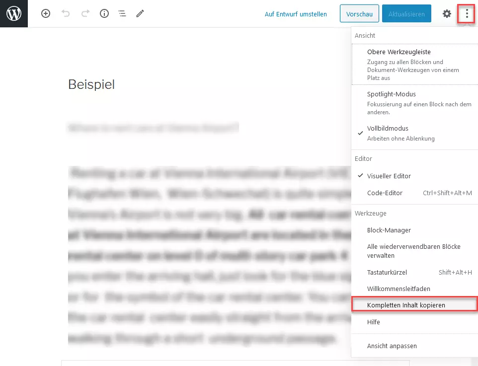 WordPress-Backend – Gutenberg-Editor: „Kompletten Inhalt kopieren“