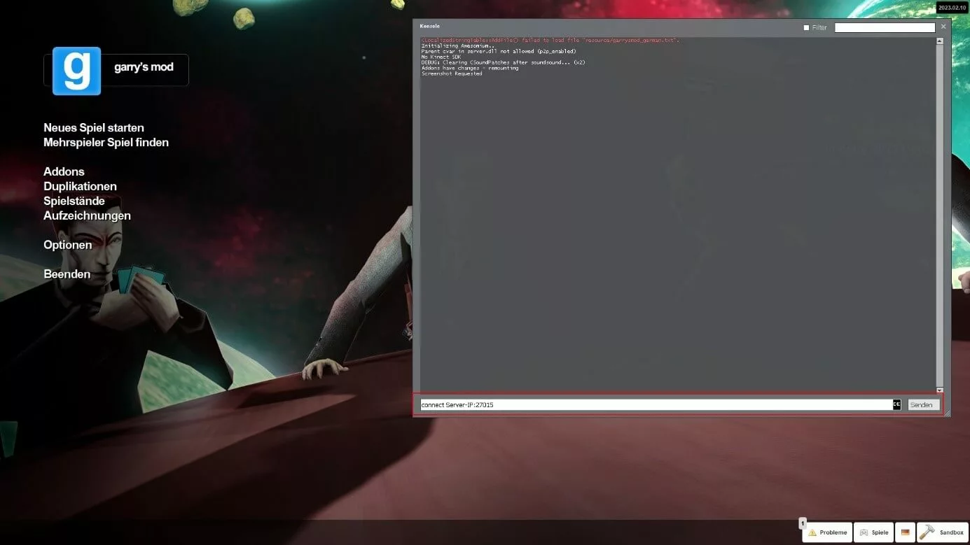 Screenshot zeigt, wie man sich mit einem Server über die Konsole verbinden kann
