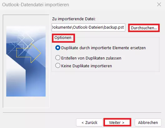 Outlook: Import/Export-Assistent, zu importierende PST-Datei auswählen