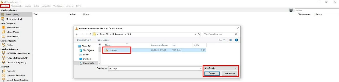 TMP-Datei öffnen im VLC Media Player
