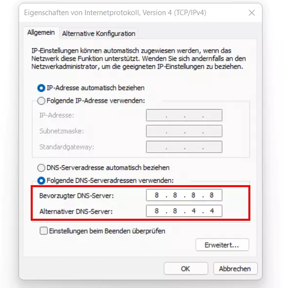 DNS-Serveradresse ändern in Windows 11