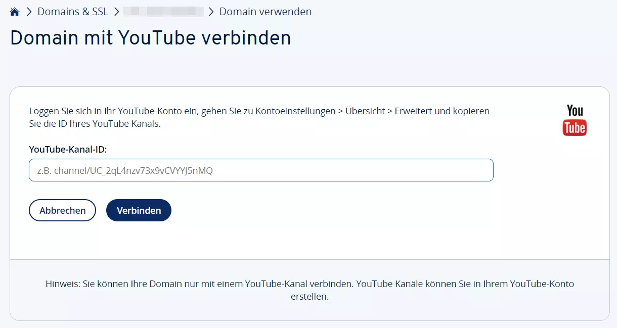 Domain mit YouTube verbinden im IONOS-Kundencenter