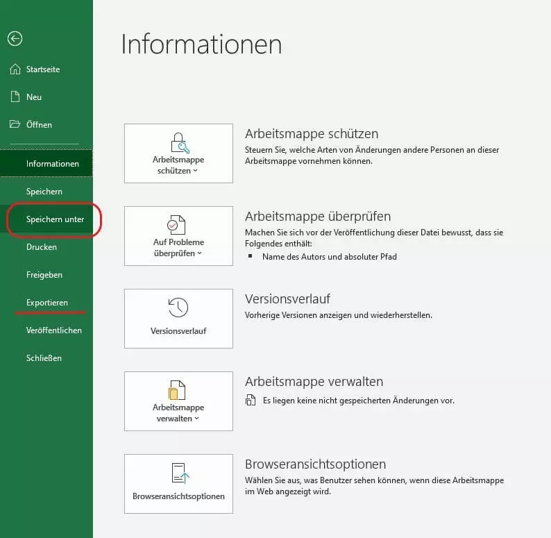 Screenshot MS Excel „Speichern unter“ oder alternativ „Exportieren“