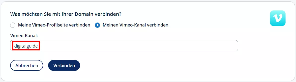 Vimeo-Kanal verbinden im IONOS-Kundenkonto