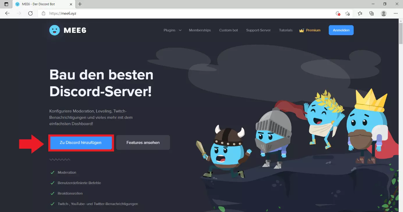 MEE6-Website: „Zu Discord hinzufügen“