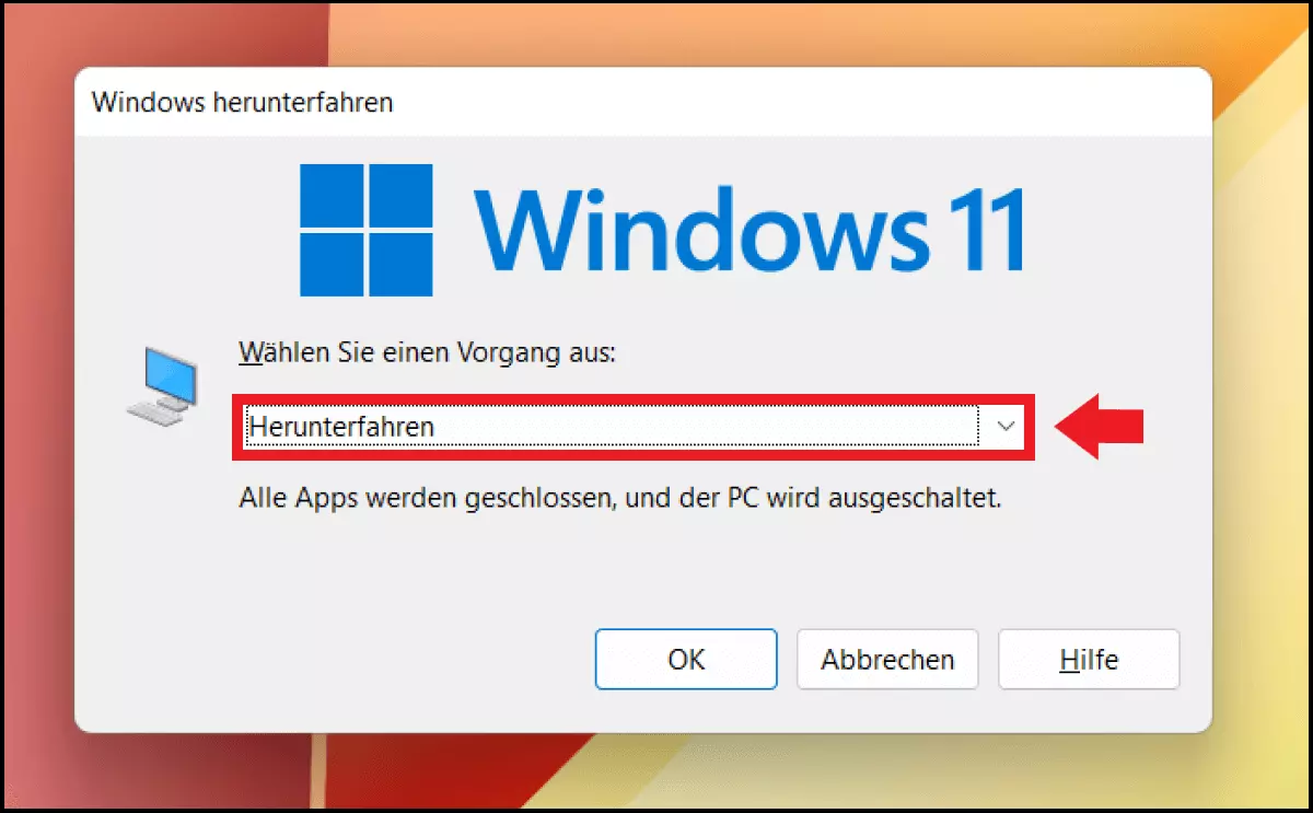 Das Menü „Windows herunterfahren“