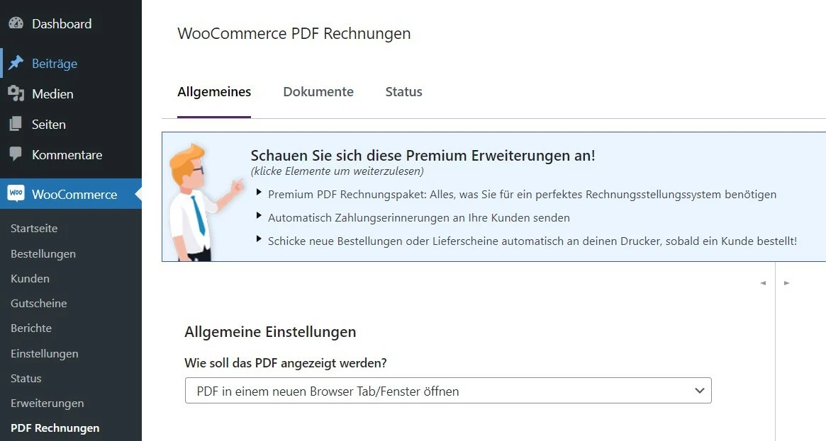 Menü von WooCommerce PDF Invoices & Packing Slips