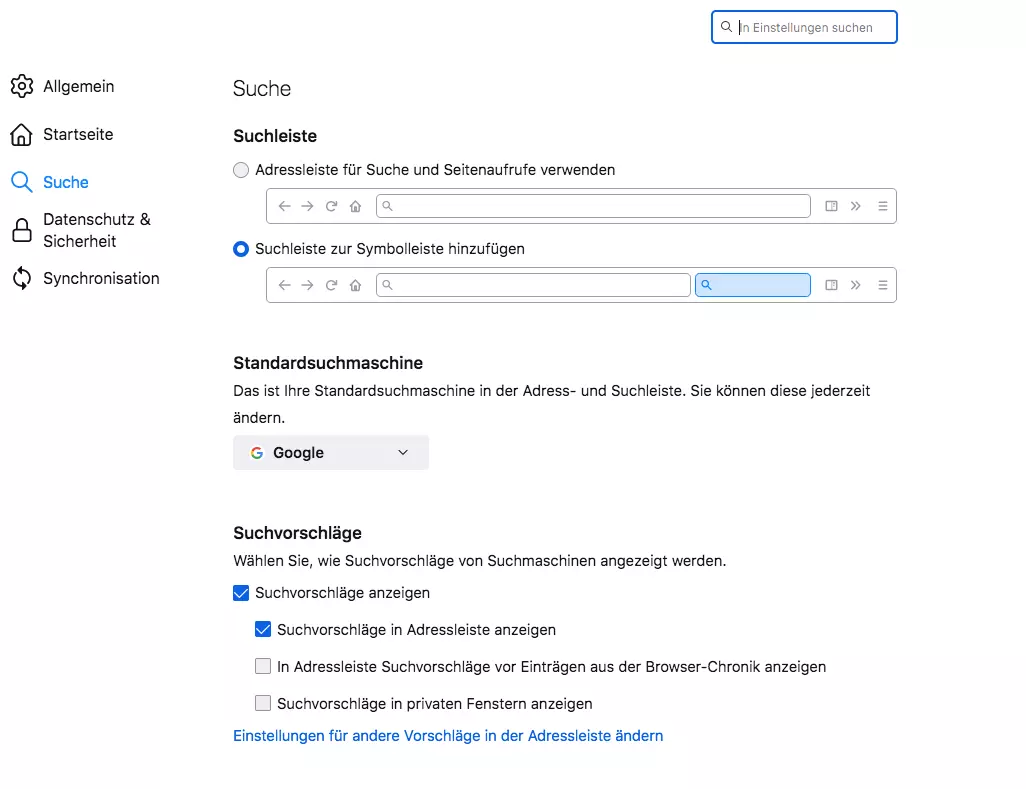 Die Sucheinstellungen von Firefox