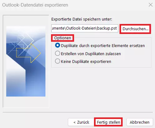 Outlook: Import/Export-Assistent, Speicherort der PST-Datei festlegen.