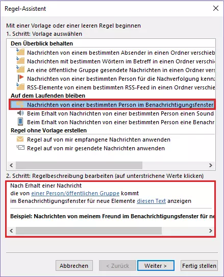 Outlook Regel-Assistent: Auswahl der Regelvorlage