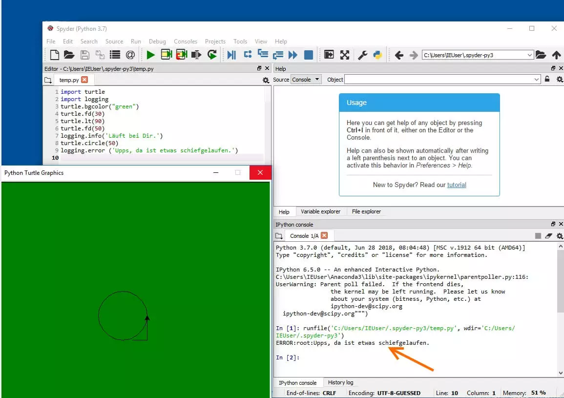 Python-Logging-Funktionen zwischen simplen Turtle-Befehlen mit grafischer Ausgabe der Befehle und Logging-Aufzeichnung in der Konsole