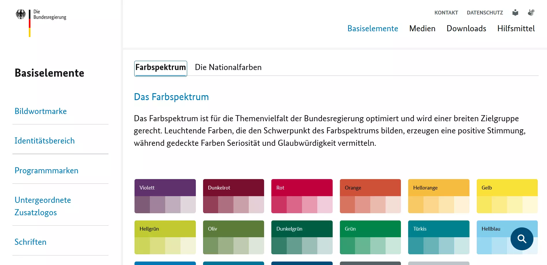 Screenshot vom Online-Styleguide der Bundesregierung mit dem Farbspektrum der Bundesregierung