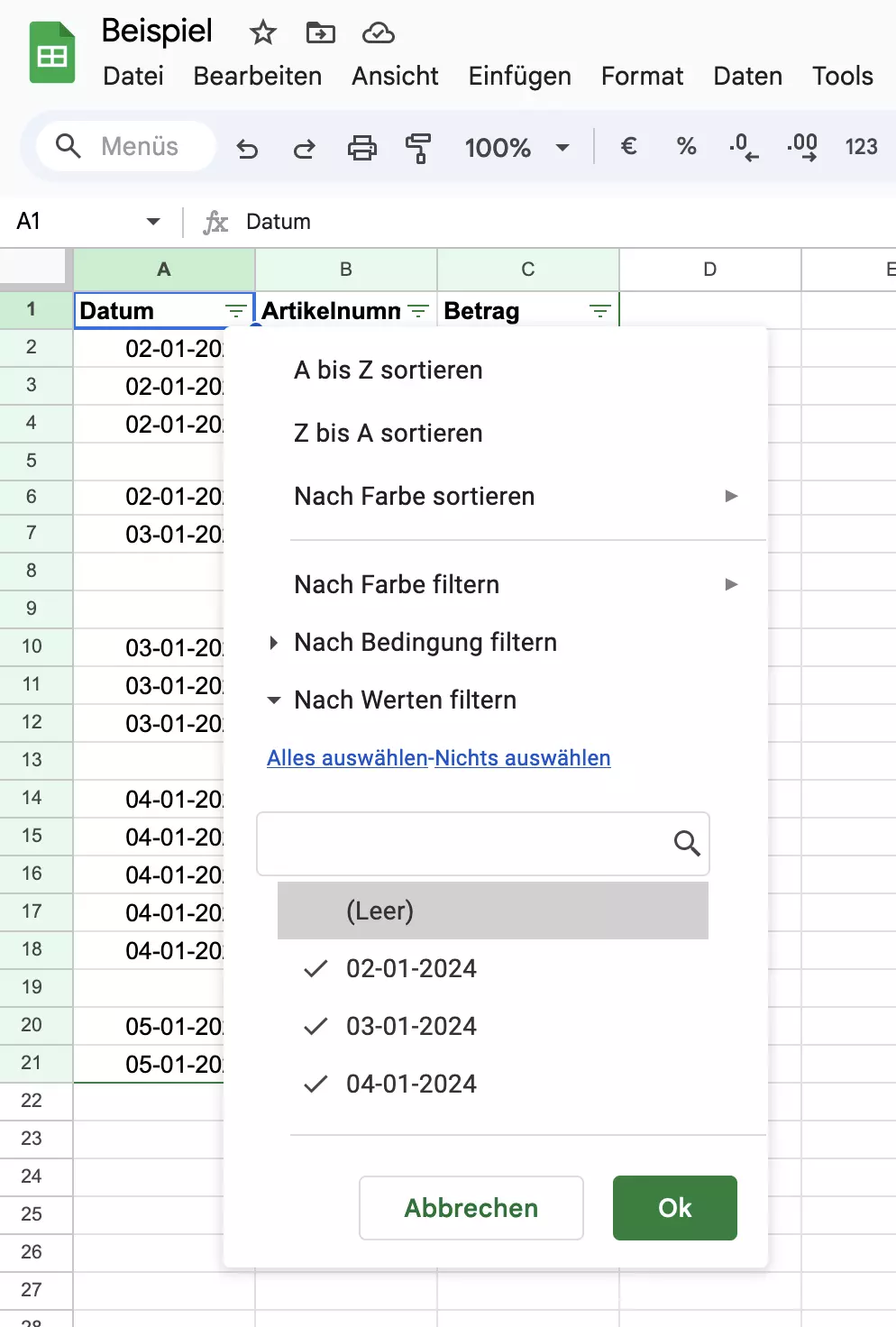 Screenshot des Filtermenüs in Google Sheets