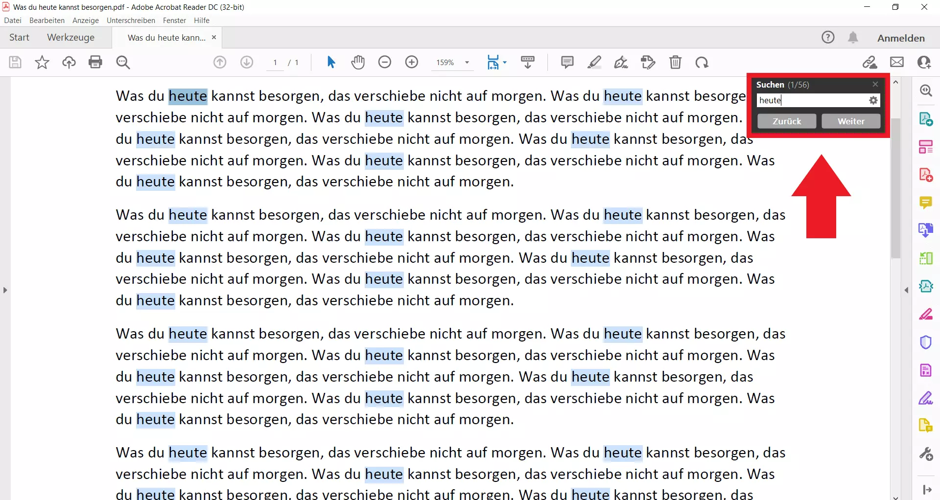 Eingabe in das Suchen-Fenster des Adobe Acrobat Reader