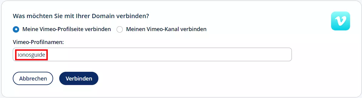 Vimeo-Profilseite verbinden im IONOS-Kundenkonto