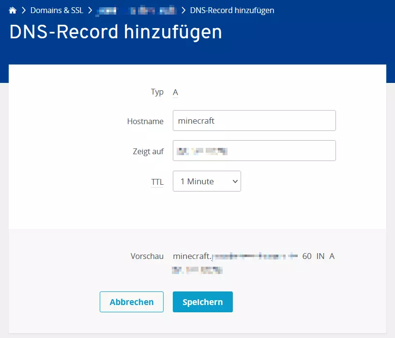 Erstellung eines A-Records im IONOS Nutzerkonto