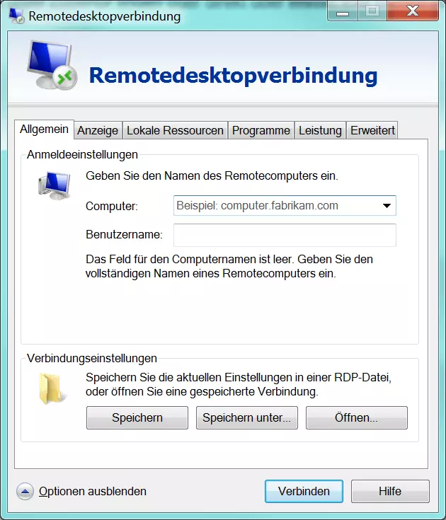 Eingabefenster zur Remotedesktopverbindung