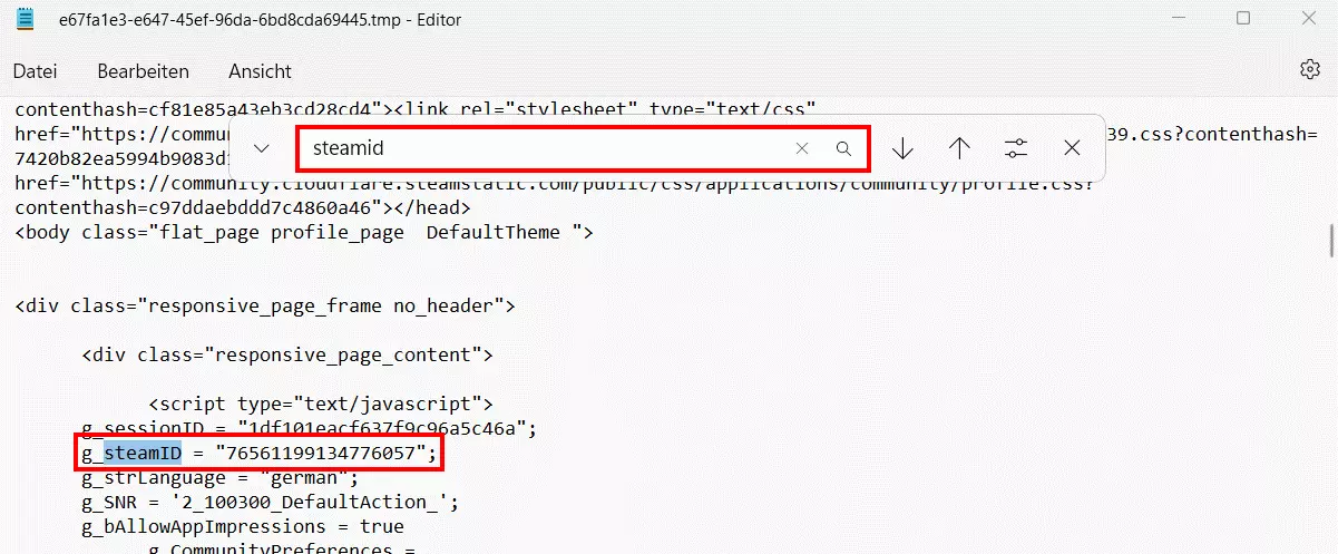 XML-Datei mit Steam ID im Windows-Editor