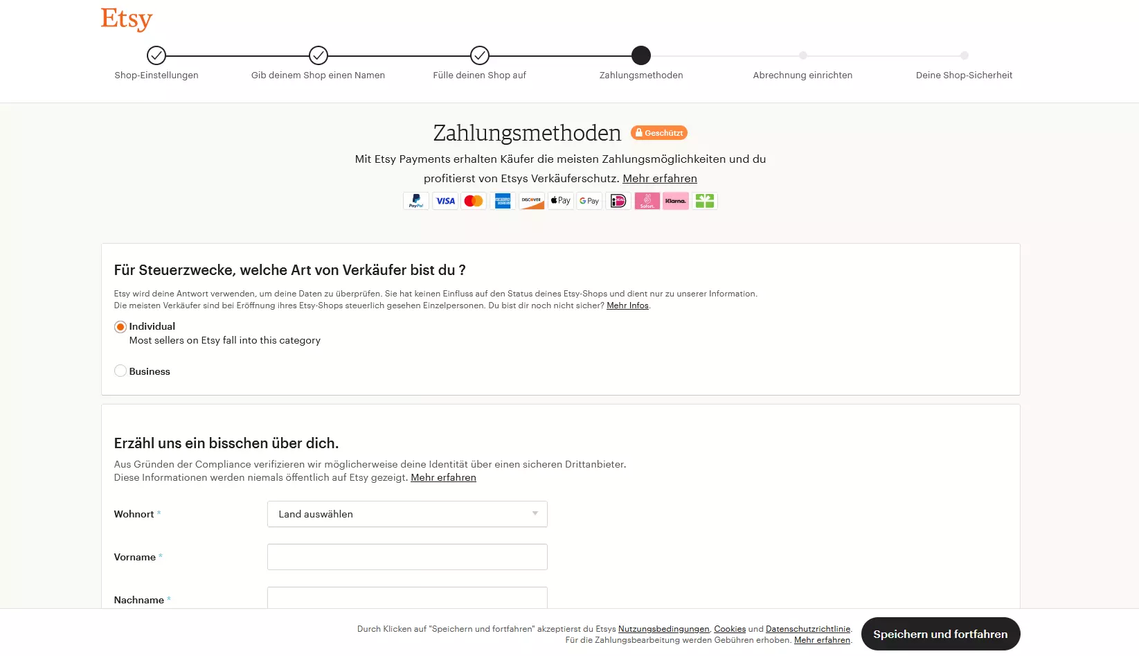 Screenshot der Zahlungsmethoden eines Etsy-Shops