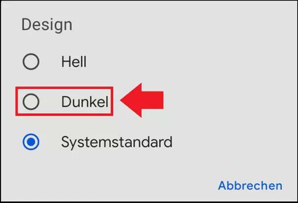 Das Menü „Design“ mit verfügbaren Helligkeitsstufen