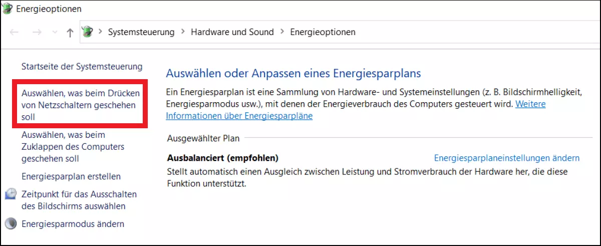 Windows 10: Menü für „Zusätzliche Energieeinstellungen“