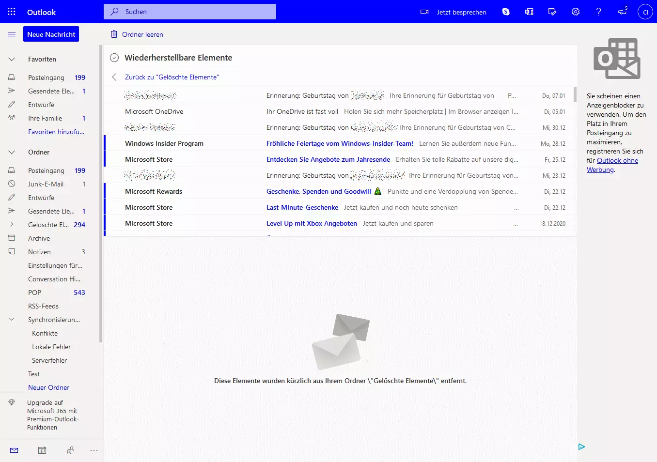 Wiederherstellbare Elemente in Outlook.com 