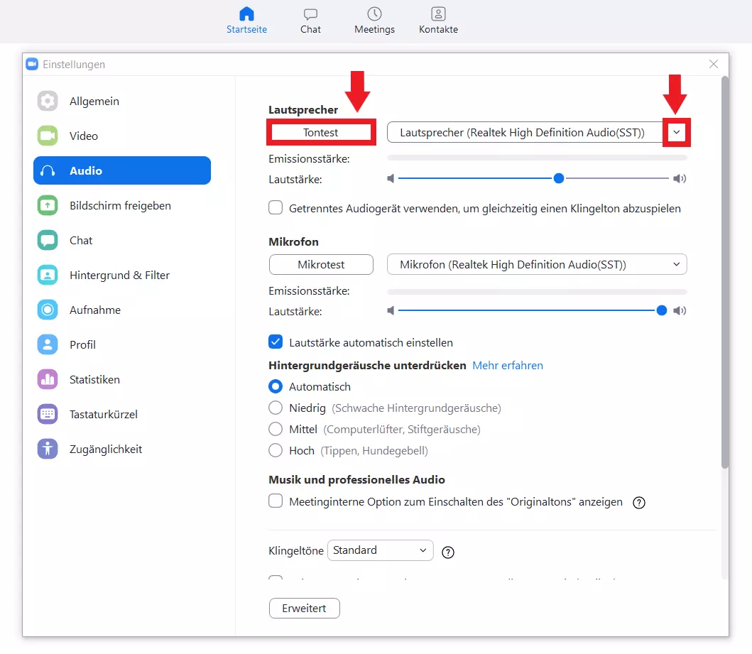 Einstellungen in Zoom mit Audio-Test