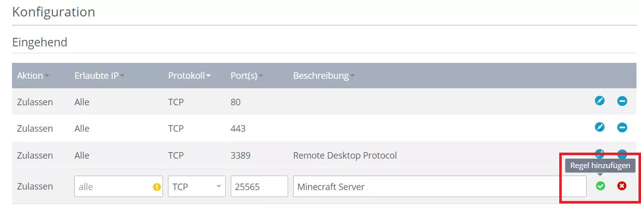 Neue Port-Regel hinzufügen im IONOS Cloud Panel